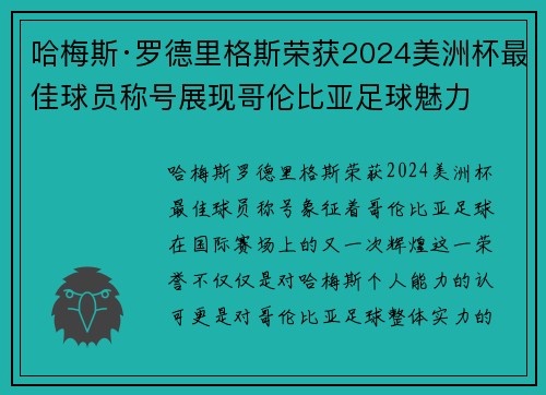 哈梅斯·罗德里格斯荣获2024美洲杯最佳球员称号展现哥伦比亚足球魅力